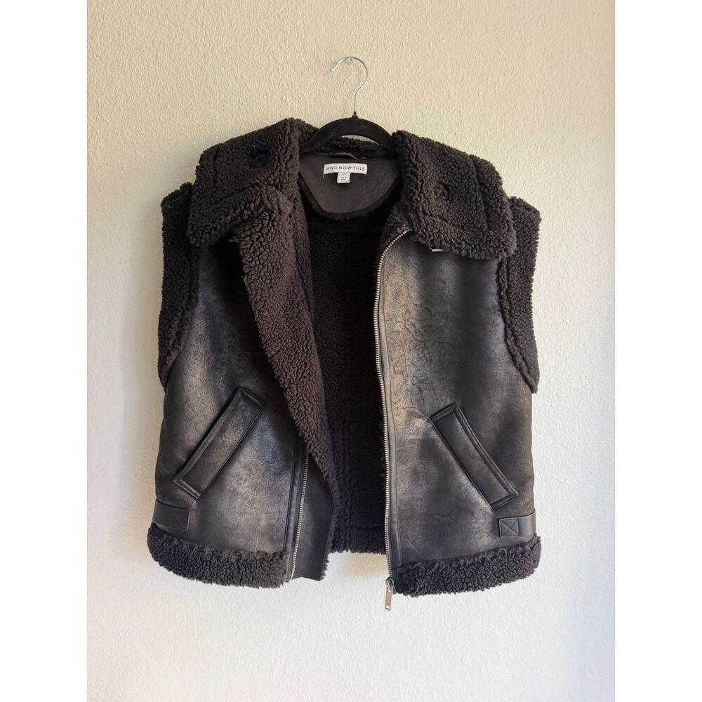 AND NOW THIS Black Faux Leather Moto Vest with Shearling Trim